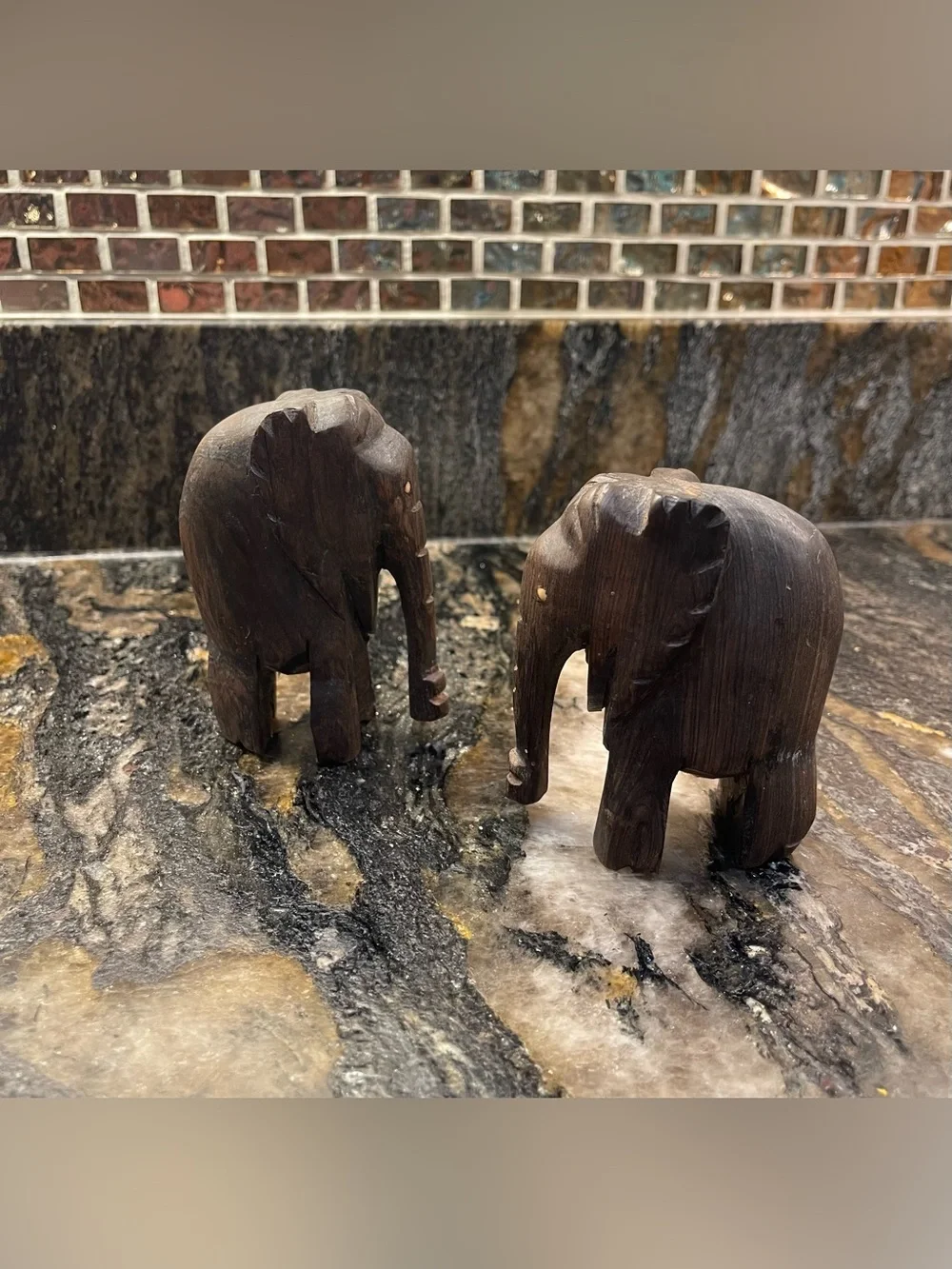 Vintage Hand-Carved Dark Teak Wood Elephant Figurines - Set of 2 2.5”x4”